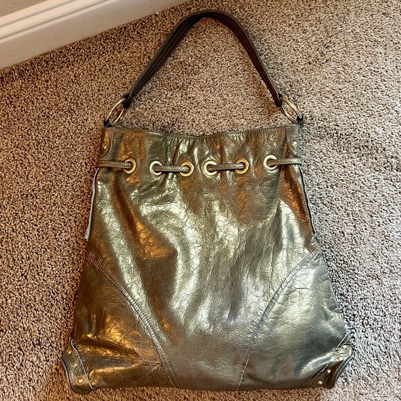 Bulga Leather Studded Hobo Tote Bag in Iridescent Green - Picture 7 of 7